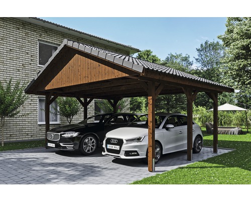 Carport double SKAN HOLZ Wallgau avec lattis et ancrage pour poteaux en H 620 x 500 cm noyer