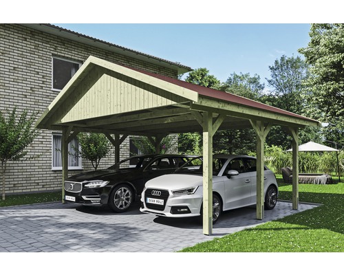 Carport double SKAN HOLZ Wallgau avec lattes rouges et ancrage pour poteaux en H 620 x 500 cm imprégné