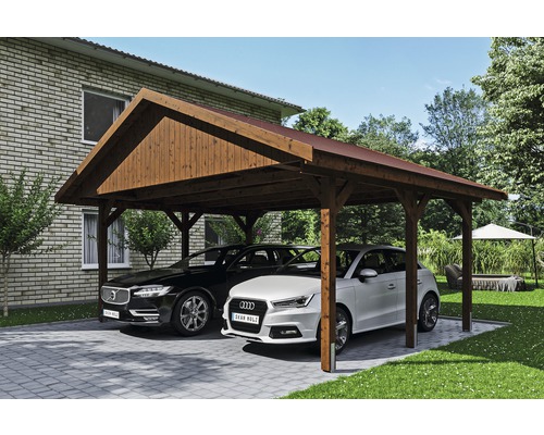 Carport double SKAN HOLZ Wallgau avec lattes rouges et ancrage pour poteaux en H 620 x 500 cm noyer