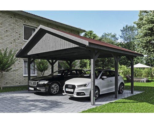 Carport double SKAN HOLZ Wallgau avec lattes rouges et ancrage pour poteaux en H 620 x 500 cm gris