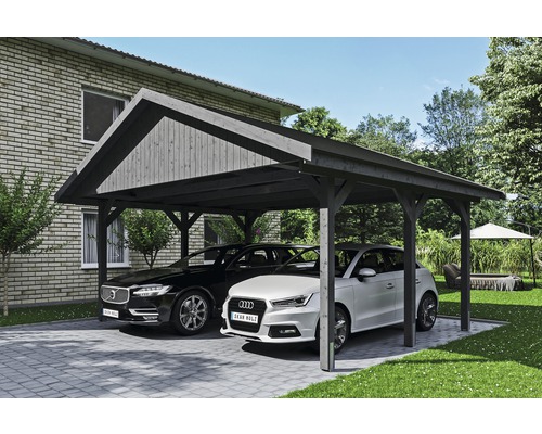 Carport double SKAN HOLZ Wallgau avec lattes noires et ancrage pour poteaux en H 620 x 500 cm gris