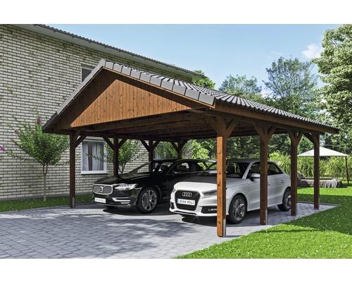 Carport double SKAN HOLZ Wallgau avec lattis et ancrage pour poteaux en H 620 x 600 cm noyer