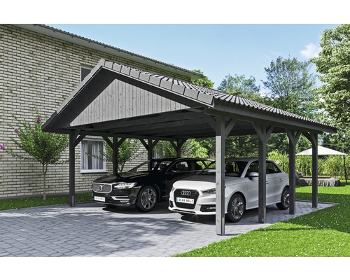 Carport double SKAN HOLZ Wallgau avec lattis et ancrage pour poteaux en H 620 x 600 cm gris