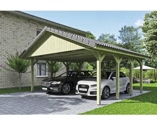 Carport double SKAN HOLZ Wallgau avec lattis et ancrage pour poteaux en H 620 x 600 cm imprégné