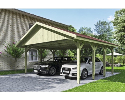 Carport double SKAN HOLZ Wallgau avec lattes rouges et ancrage pour poteaux en H 620 x 600 cm imprégné