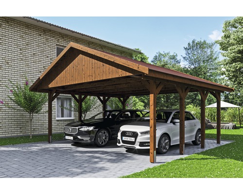 Carport double SKAN HOLZ Wallgau avec lattes rouges et ancrage pour poteaux en H 620 x 600 cm noyer