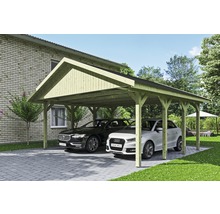 Doppelcarport aus Holz mit zwei parkierten Autos