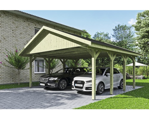 Carport double SKAN HOLZ Wallgau avec lattes noires et ancrage pour poteaux en H 620 x 600 cm imprégné