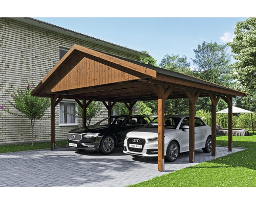 Carport double SKAN HOLZ Wallgau avec lattes noires et ancrage pour poteaux en H 620 x 600 cm noyer