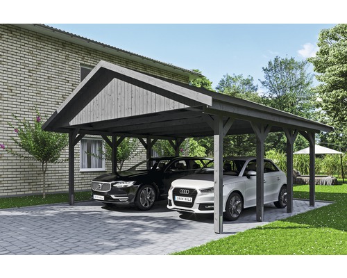 Carport double SKAN HOLZ Wallgau avec lattes noires et ancrage pour poteaux en H 620 x 600 cm gris