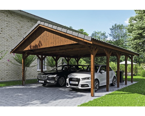 Carport double SKAN HOLZ Wallgau avec lattis et ancrage pour poteaux en H 620 x 750 cm noyer