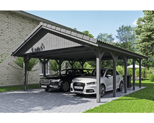 Carport double SKAN HOLZ Wallgau avec lattis et ancrage pour poteaux en H 620 x 750 cm gris