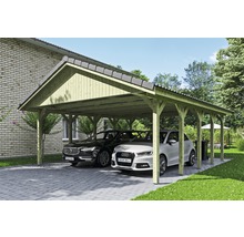 Carport double SKAN HOLZ Wallgau avec lattis et ancrage pour poteaux en H 620 x 750 cm imprégné