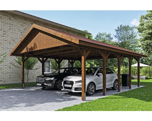 Carport double SKAN HOLZ Wallgau avec lattes rouges et ancrage pour poteaux en H 620 x 750 cm noyer