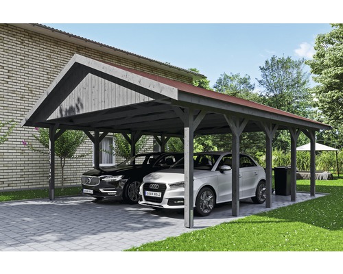 Carport double SKAN HOLZ Wallgau avec lattes rouges et ancrage pour poteaux en H 620 x 750 cm gris