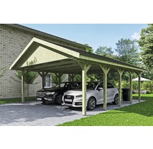 Carport double SKAN HOLZ Wallgau avec lattes noires et ancrage pour poteaux en H 620 x 750 cm imprégné