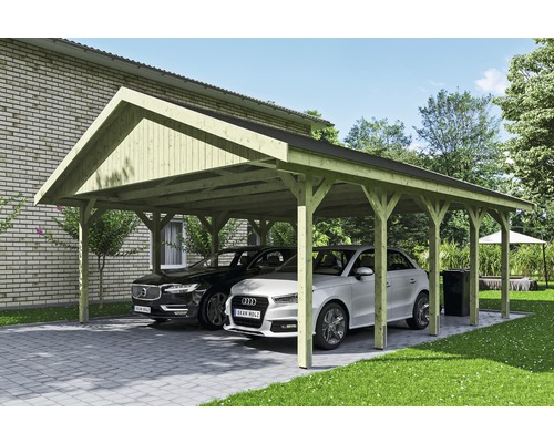 Carport double SKAN HOLZ Wallgau avec lattes noires et ancrage pour poteaux en H 620 x 750 cm imprégné