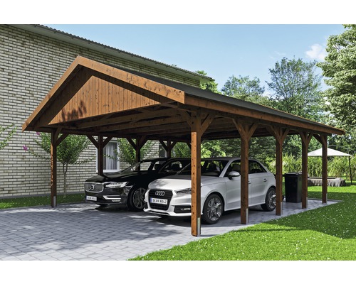 Carport double SKAN HOLZ Wallgau avec lattes noires et ancrage pour poteaux H 620 x 750 cm noyer