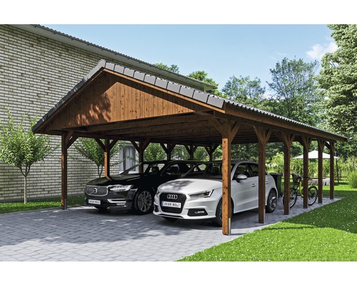 Carport double SKAN HOLZ Wallgau avec lattis et ancrage pour poteaux en H 620 x 900 cm noyer