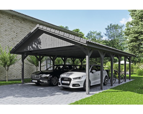 Carport double SKAN HOLZ Wallgau avec lattis et ancrage pour poteaux en H 620 x 900 cm gris