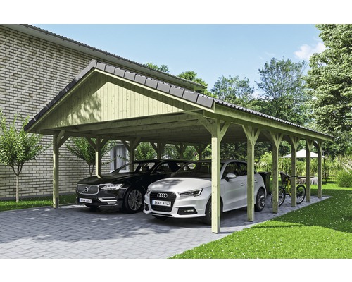 Carport double SKAN HOLZ Wallgau avec lattis et ancrage pour poteaux en H 620 x 900 cm imprégné