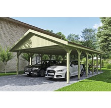 Carport double SKAN HOLZ Wallgau avec lattes rouges et ancrage pour poteaux en H 620 x 900 cm imprégné