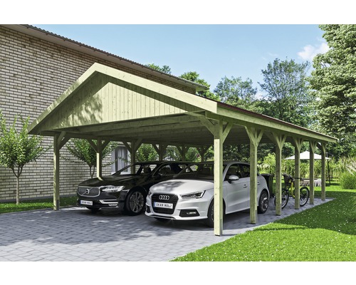 Carport double SKAN HOLZ Wallgau avec lattes rouges et ancrage pour poteaux en H 620 x 900 cm imprégné