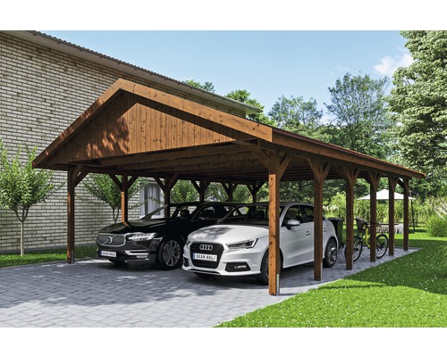 Carport double SKAN HOLZ Wallgau avec lattes rouges et ancrage pour poteaux en H 620 x 900 cm noyer