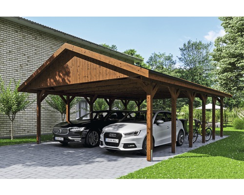 Carport double SKAN HOLZ Wallgau avec lattes noires et ancrage pour poteaux en H 620 x 900 cm noyer