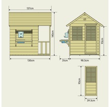 Abmessungen eines Holzspielhauses mit Waschbecken und Tür: 137 cm breit, 140 cm hoch, 130 cm tief, Tür 93 cm hoch, 98,5 cm breit, Spüle 31 cm tief, Türdetail 95 cm hoch und 39,5 cm breit