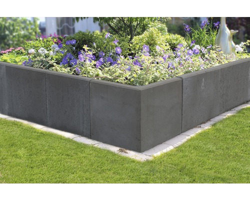 Jardinière surélevée en béton avec plantes à fleurs dans le jardin