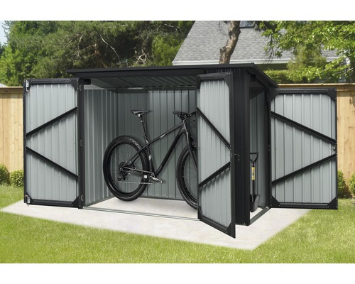 Abri de jardin en métal avec portes ouvertes et vélo