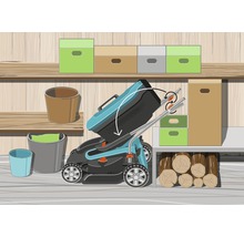 Illustration eines Rasenmähers mit klappbarem Griff zur platzsparenden Aufbewahrung
