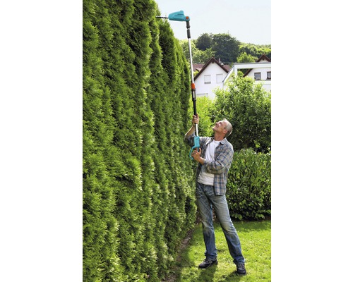 Un homme taille une haute haie avec un taille-haie sans fil