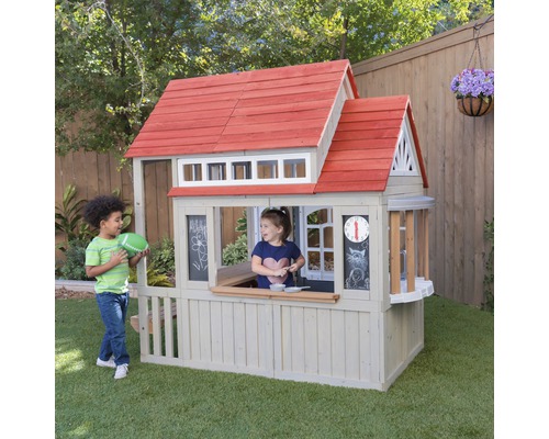 Maisonnette pour enfants avec toit rouge et tableau noir