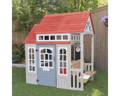 Maisonnette en bois avec toit rouge, porte et fenêtres pour enfants