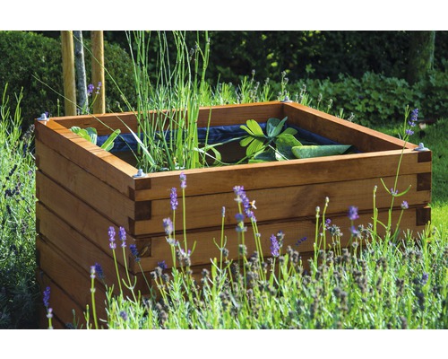 Bassin carré en bois avec plantes aquatiques dans le jardin