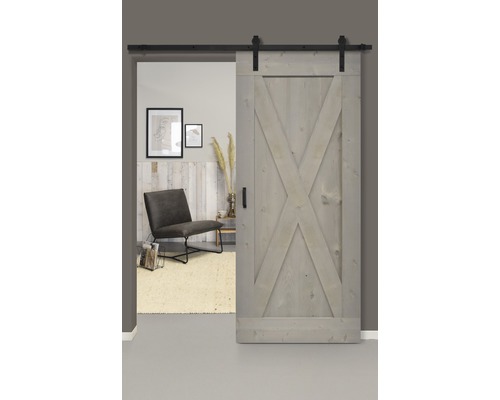 Schiebetür-Komplettset Barn Door Vintage grau grundiert XBrace gerade 95x215 cm inkl. Türblatt,Schiebetürbeschlag,Abstandshalter 35mm und Griff-Set