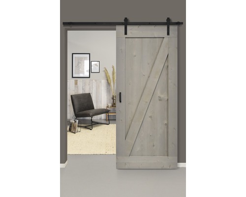 Set complet pour porte coulissante Barn Door Vintage ZBrace gris droit 95x215 cm avec vantail, ferrure pour porte coulissante et jeu de poignées