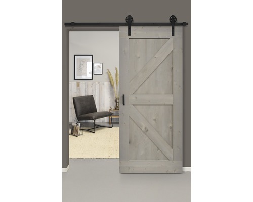 Set complet pour porte coulissante Barn Door Vintage British gris roue à rayons 95x215 cm avec vantail, ferrure pour porte coulissante et jeu de poignées