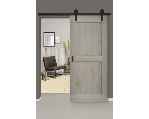 Set complet pour porte coulissante Barn Door Vintage MidBar gris roue à rayons 95x215 cm avec vantail, ferrure pour porte coulissante et jeu de poignées