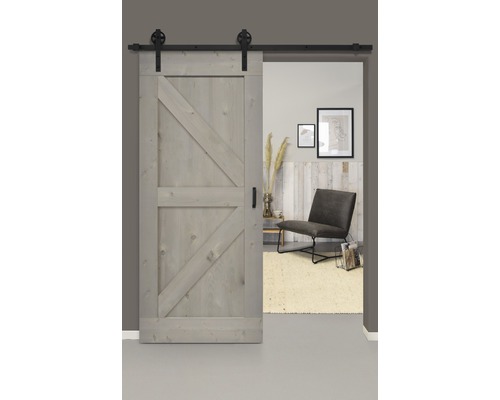Kit complet de porte coulissante Barn Door Vintage gris apprêté, rayons Wales 95x215 cm avec vantail, ferrure pour porte coulissante, entretoise 40 mm et poignées