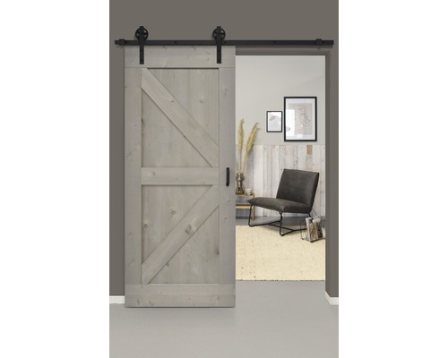 Schiebetür-Komplettset Barn Door Vintage grau grundiert Wales Speichen 95x215 cm inkl. Türblatt,Schiebetürbeschlag,Abstandshalter 40 mm und Griff-Set