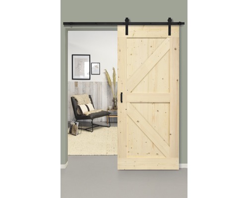 Kit complet pour porte coulissante Barn Door Vintage nature British droit 95x215 cm avec vantail, ferrure pour porte coulissante, entretoise 35mm et poignées