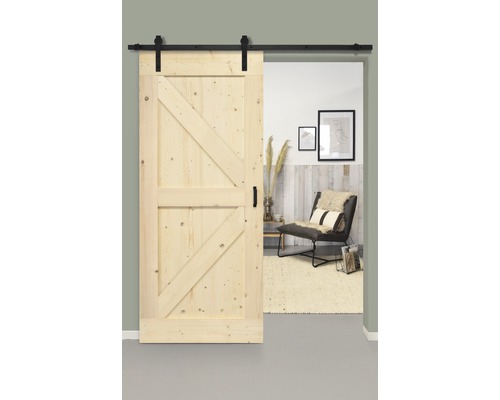 Set complet pour porte coulissante Barn Door Vintage Wales nature droit 95x215 cm avec vantail, ferrure pour porte coulissante et jeu de poignées