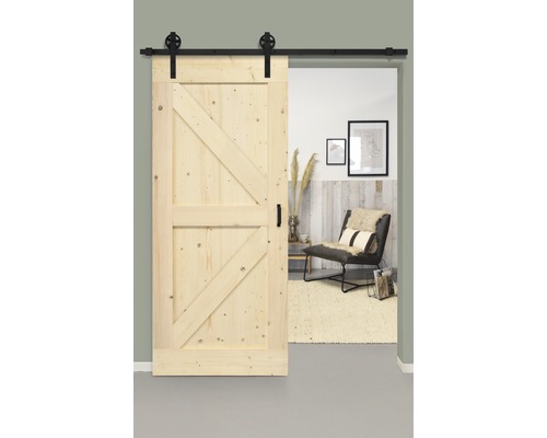 Set complet pour porte coulissante Barn Door Vintage Wales nature roue à rayons 95x215 cm avec vantail, ferrure pour porte coulissante et jeu de poignées