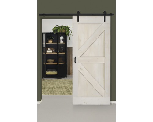 Set complet pour porte coulissante Barn Door Vintage British blanc droit 95x215 cm avec vantail, ferrure pour porte coulissante et jeu de poignées