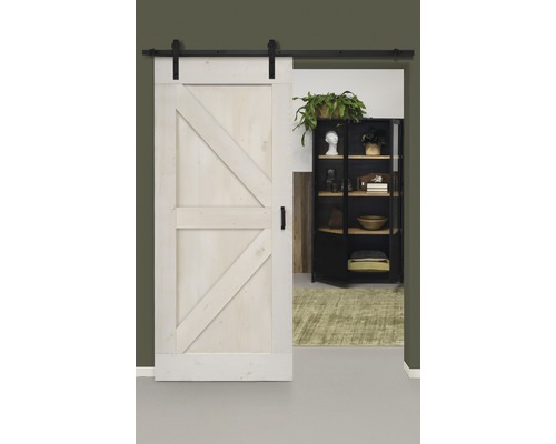 Set complet pour porte coulissante Barn Door Vintage Wales blanc droit 95x215 cm avec vantail, ferrure pour porte coulissante et jeu de poignées