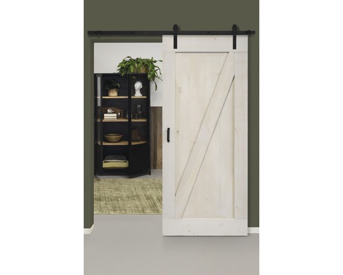 Set complet pour porte coulissante Barn Door Vintage ZBrace blanc droit 95x215 cm avec vantail, ferrure pour porte coulissante et jeu de poignées