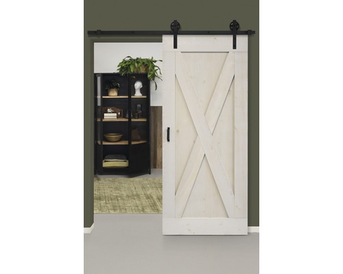 Set complet pour porte coulissante Barn Door Vintage XBrace blanc roue à rayons 95x215 cm avec vantail, ferrure pour porte coulissante et jeu de poignées